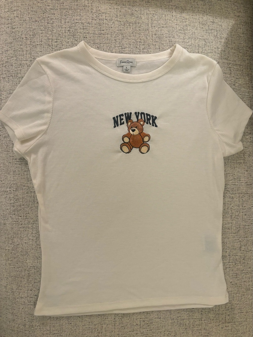 White Short-Sleeve Tee with Teddy Bear & 'New York' Graphic